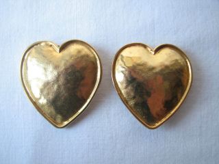 Vintage Edouard Rambaud Paris Huge Golden Heart Earrings Clip Ons