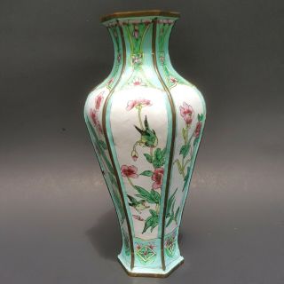Antique CANTON CHINESE ENAMEL on COPPER VASE Qing to Republic Flowers Birds 2