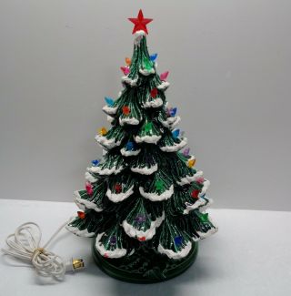 Vintage 17 " Flocked Mold Green Ceramic Lighted Christmas Tree & Bulbs