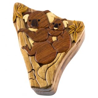 Wood Intarsia Koalas Puzzle Box - Secret Trinket Box Inside Handcrafted