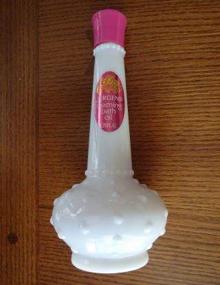 Jergens Bath Oil Vintage Polka Dot White Milk Glass Bottle 8.  25 Oz Pink Made Usa