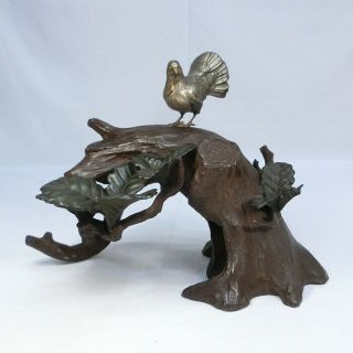 D736: Popular Japanese Copper Ware Statue Of Bird On Tree Trunk W/good Style.