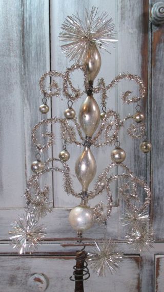 Antique Victorian Silver Mercury Glass Tinsel Pom Pom German Feather Tree Topper