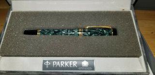 Parker Duofold Roller Ball Pen Green Marble W/gold Trim &