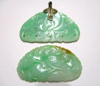 2 Antique Chinese Hand Carved Green & White Jadeite Jade Pendant - 45 Carats