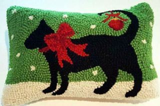 Red Ribbon Walking Christmas Black Cat Mini Hooked Wool Pillow – 8” X 12”