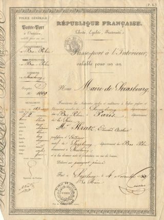 France 1850,  Scarce Internal Passport With Revenue.  Vf.  B860