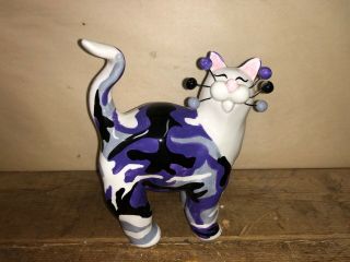 Amy Lacombe Whimsiclay Annaco Creations Cat Figurine Purple Camo 2003