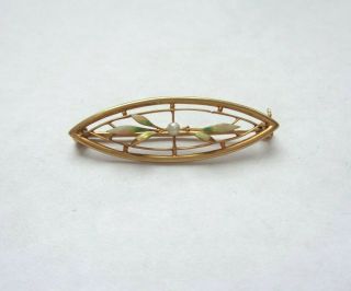 Old Victorian Solid 14k Yellow Gold Oval Enamel Leaf Pearl Pin 2.  07g No Scrap