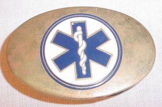 Vtg Custom Made Brass & Enamel Buckle Caduceus Emt Symbol Fire Rescue Para Medic
