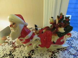 Vintage Mid Century Kreiss Santa Pulling Reindeer In Sleigh Mica Glitter