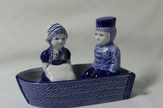 H.  P.  Blue Delft Porcelain Dutch Boy & Girl In Rowboat Salt & Pepper Shakers