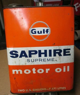 Vintage Gulf Supreme 2 Gallon Motor Oil Can W/ Cap - &