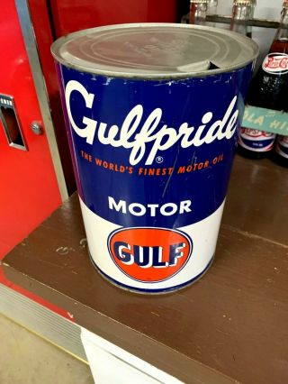 Vintage Five 5 Quart Qt Gulfpride Gulf Motor Oil Can Gas Display Sign