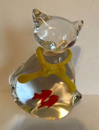 Murano Art Glass Cat With Gold Fish In Belly Yellow Bow Mid Century Paperweight