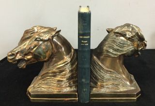 Vintage Gladys Brown Horse Head Bookends With Copper Tone Finish - Copyright 1948