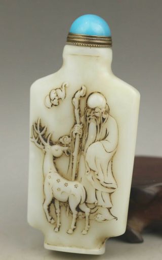 Chinese Old Natural Hetian Jade Hand - Carved Statue Deer And Buddha Snuff Bottle