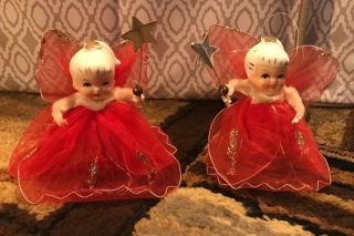 2 Vintage Holt Howard Angel W/ Star Christmas Ornaments Ceramic Face Japan Pink
