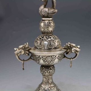 Chinese Old Tibetan Silver Hand - Carved 2 Dragon Incense Burner & Peacock Lid