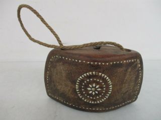 Vintage Handmade Wood Cow Bell W/ Mother Of Pearl Inlay Jute Handle No Clapper