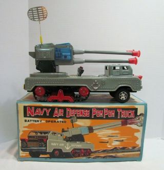 Navy Air Defense Pom Pom Truck Tin Battery Operated Toy W/ Box S&e Japan