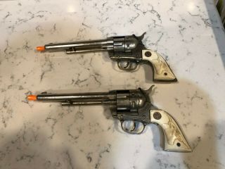 Vintage Hubley Cowboy Cap Pistols (pair) With Fancy Holsters No /belt