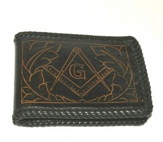 Masonic Emblem Leather Wallet Bi - Fold Black Dual Slot Freemason Square Compass G
