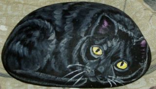 Black Bombay Cat Hand Painted Rock Pet Art Paper Weight