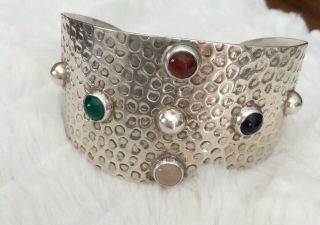 Vtg Taxco Mexico Hammered Sterling Silver Gemstone Cuff Bracelet Signed Ti - 67 B9