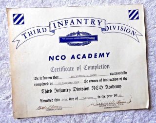 Vintage Certificate Nco Academy 3rd Infantry Division Fort Stewart Georgia 1962