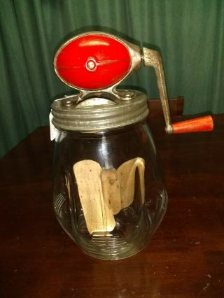 Vintage Dazey Butter Churn 4 Red Football Top - 4 Qrt.  Tulip Jar - Wood Paddle
