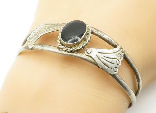 Mexico 925 Silver - Vintage Black Onyx Twist Wing Detail Cuff Bracelet - B6332
