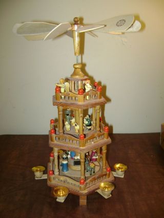 Vintage German Christmas Pyramid Candle Carousel Windmill Nativity Wood