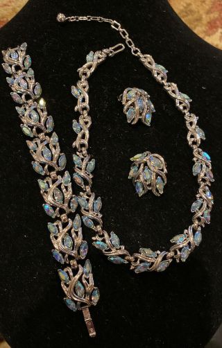 Vintage Light Blue Aurora Borealis Crown Trifari Necklace Bracelet Earrings Set