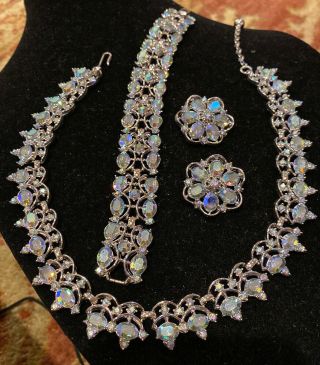Crown Trifari Vintage Light Blue Aurora Borealis Bracelet Necklace Earrings Set