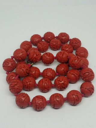 Vintage Chinese Carved Cinnabar Bead Necklace With Filigree Clasp