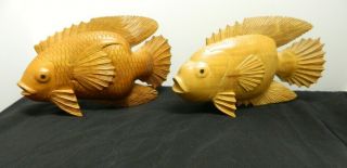 2 Vintage Large Hand Carved Wood Wooden Figurine Asian Gold Fish