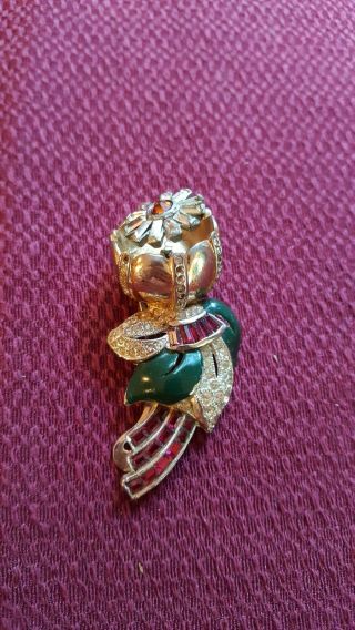 Vintage Coro Quivering Camelia Dress Clip.  Gold Tone With Rhinestones And Enamel