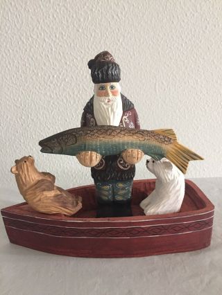 Christmas Russian Hand Carved Painted Wooden Santa Claus Fishing In Boat