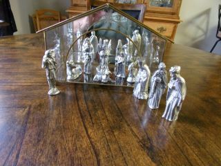 12 Piece Pewter Nativity Set With Glass Manger And 11 Figurines