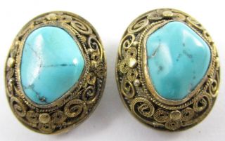 Chinese Export Sterling Silver Gold Vermeil Turquoise Clip Earrings