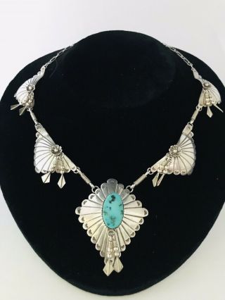 Large Vintage Natural Turquoise Navajo Sterling Silver Sqaush Blossom Necklace