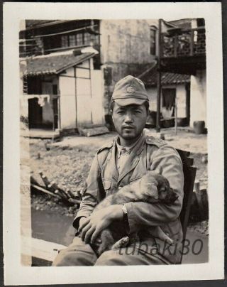Y10 Ww2 Naval Landing Force Orig.  Photo Soldier With Puppy In Nanking