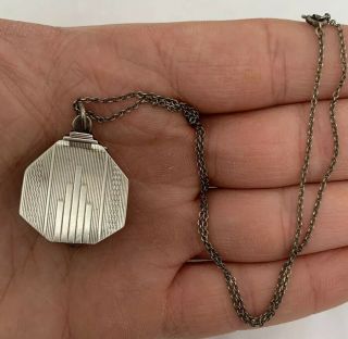 Solid Silver Art Deco Period Opening Locket Pendant On Chain