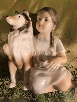 Vintage Ceramic Figurine Young Girl With Collie Japan