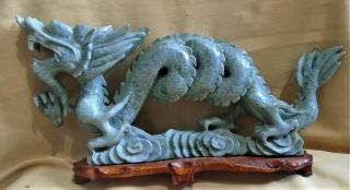 Very Large Chinese Carved Green Soapstone Dragon On Wooden Base