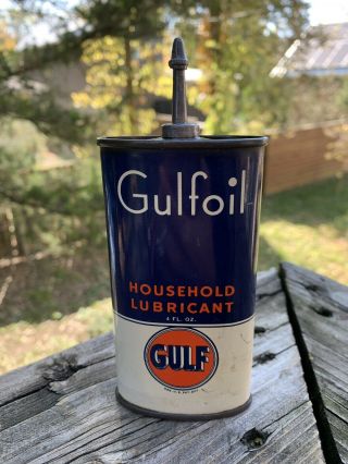 Vintage Gulf Gulfoil Household Lead Top Handy Oiler 4 Oz Metal Can Gas Sign -