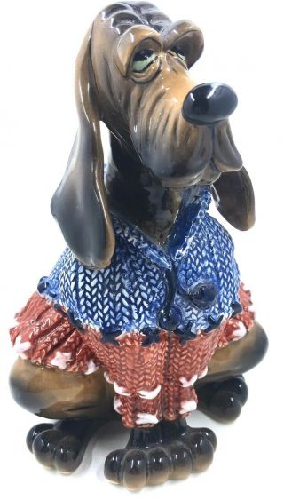 Swak Hound Dog Bloodhound Figure Dressed Up In Sweater Signed Lynda Corneille 7”