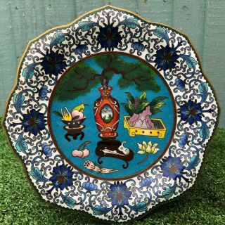 Antique Chinese Cloisonne Plate With Intricate Fine Detailing Over Bronze