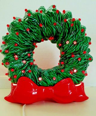 Vtg Ceramic Light Up Christmas Wreath W/ Red Bow Double Light Cord & Bulbs Incl